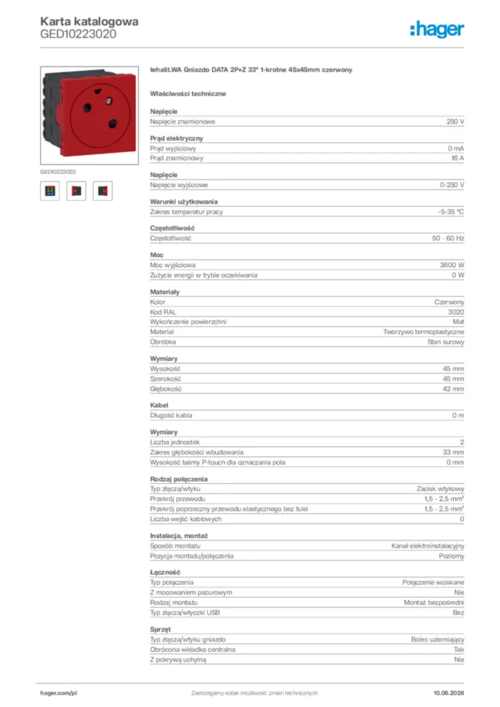 Zdjęcie Hager Karta katalogowa GED10223020 | Hager Polska