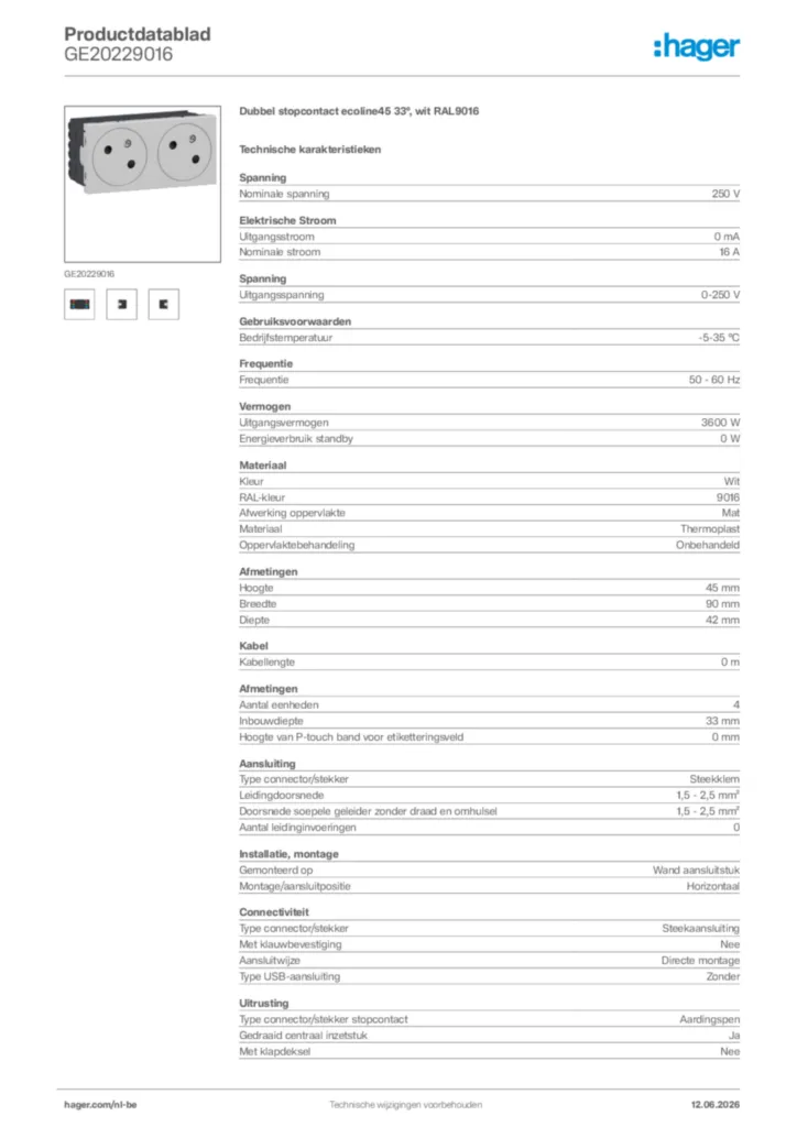 Afbeelding Hager Productdatablad GE20229016 | Hager Belgium