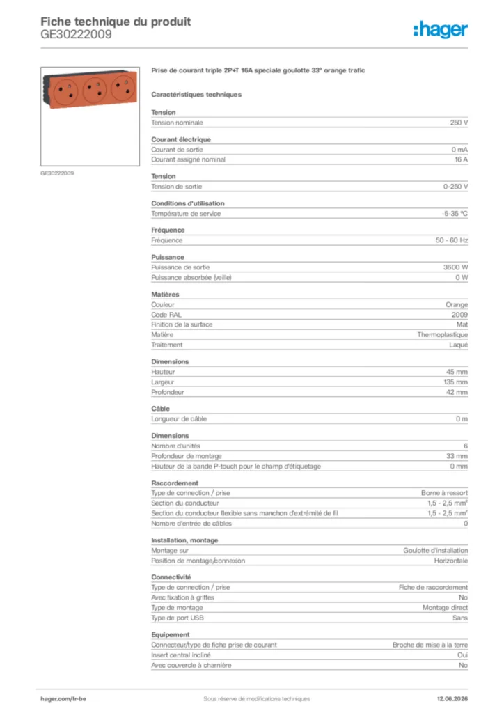 Image Hager Fiche technique du produit GE30222009 | Hager Belgique