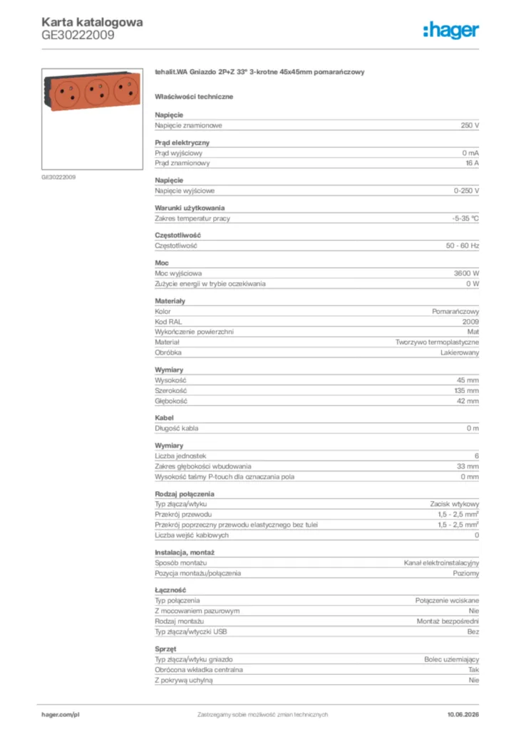 Zdjęcie Hager Karta katalogowa GE30222009 | Hager Polska
