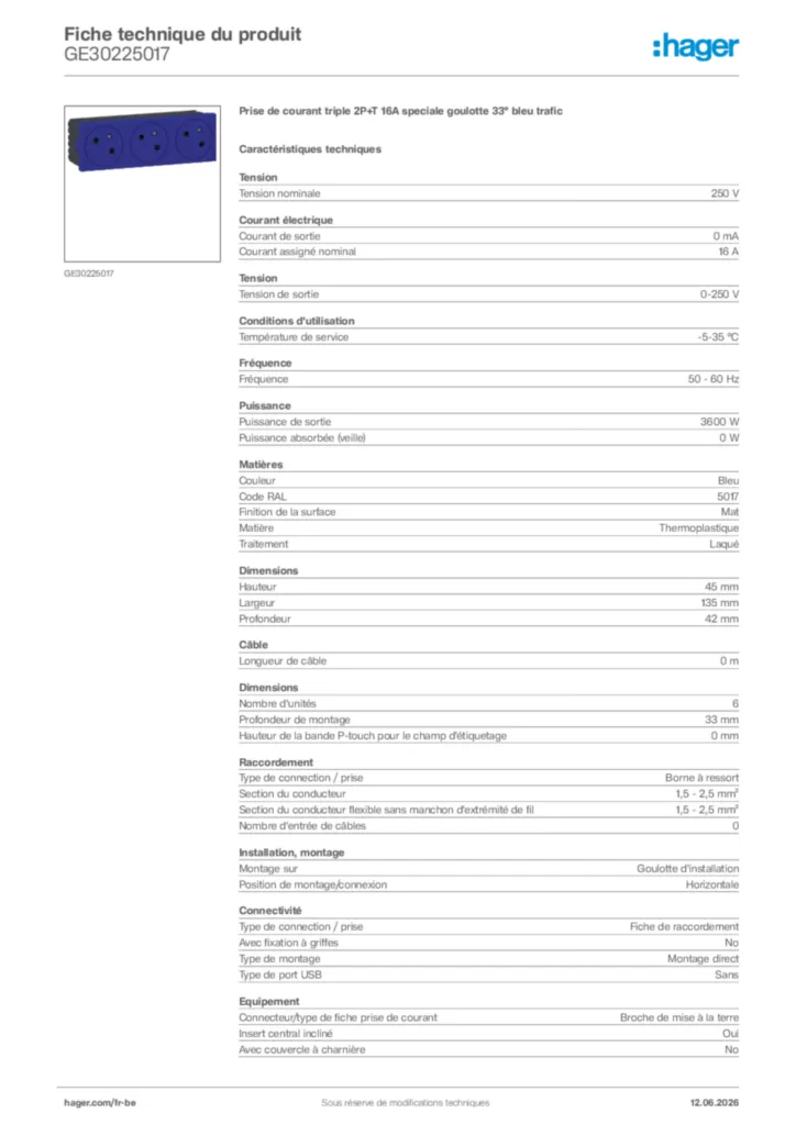 Image Hager Fiche technique du produit GE30225017 | Hager Belgique