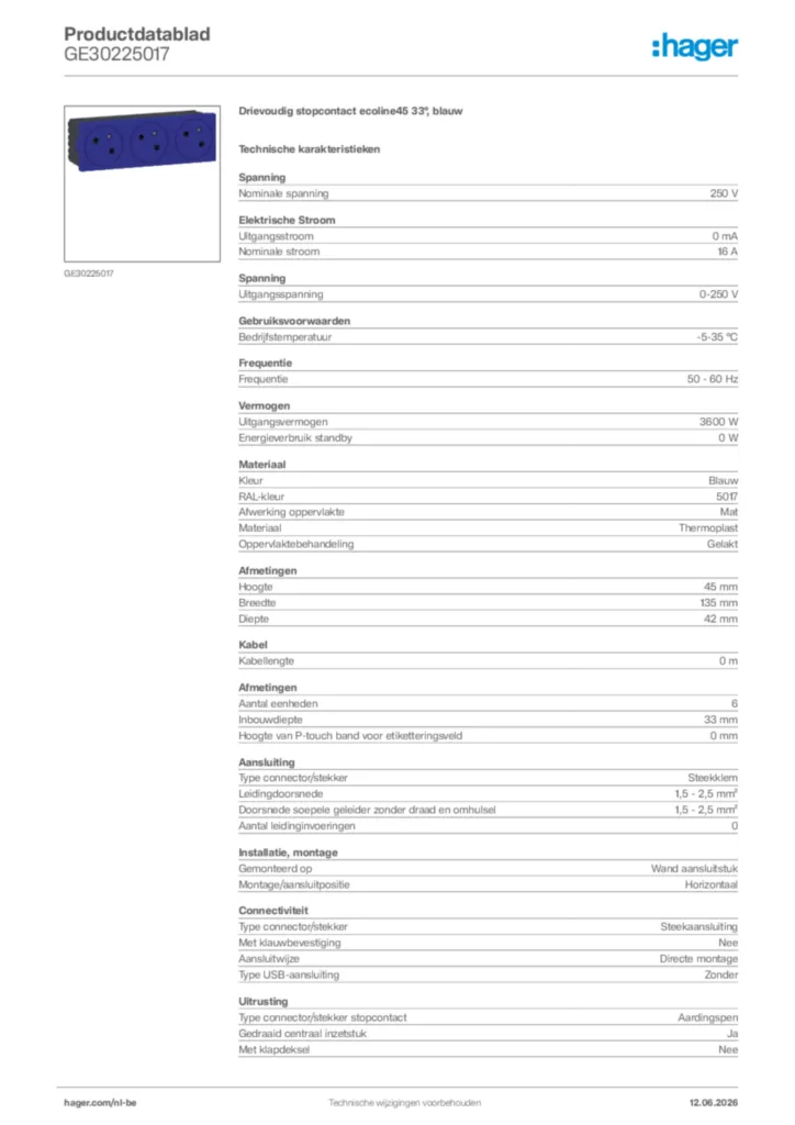 Afbeelding Hager Productdatablad GE30225017 | Hager Belgium