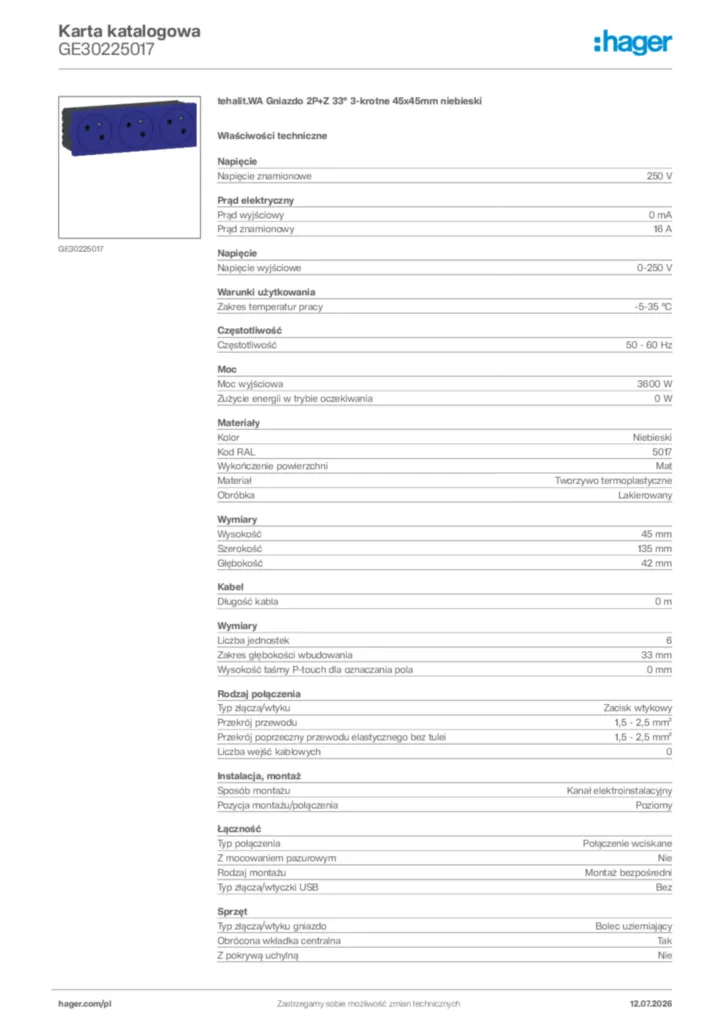 Zdjęcie Hager Karta katalogowa GE30225017 | Hager Polska