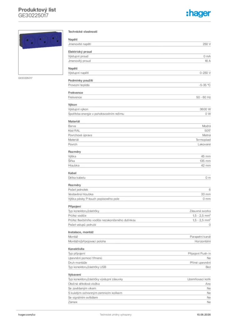 Obrázek Hager Generováno - Datový list produktu GE30225017 | Hager