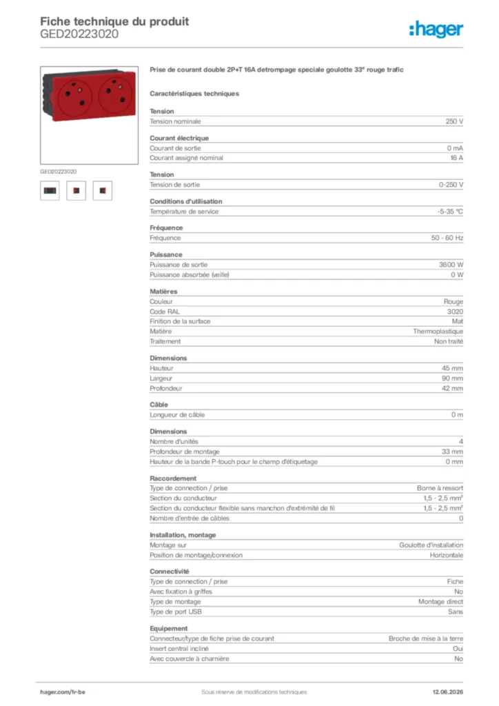 Image Hager Fiche technique du produit GED20223020 | Hager Belgique