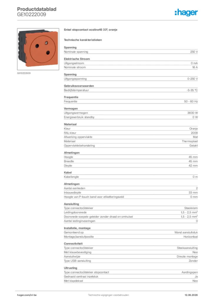 Afbeelding Hager Productdatablad GE10222009 | Hager Belgium