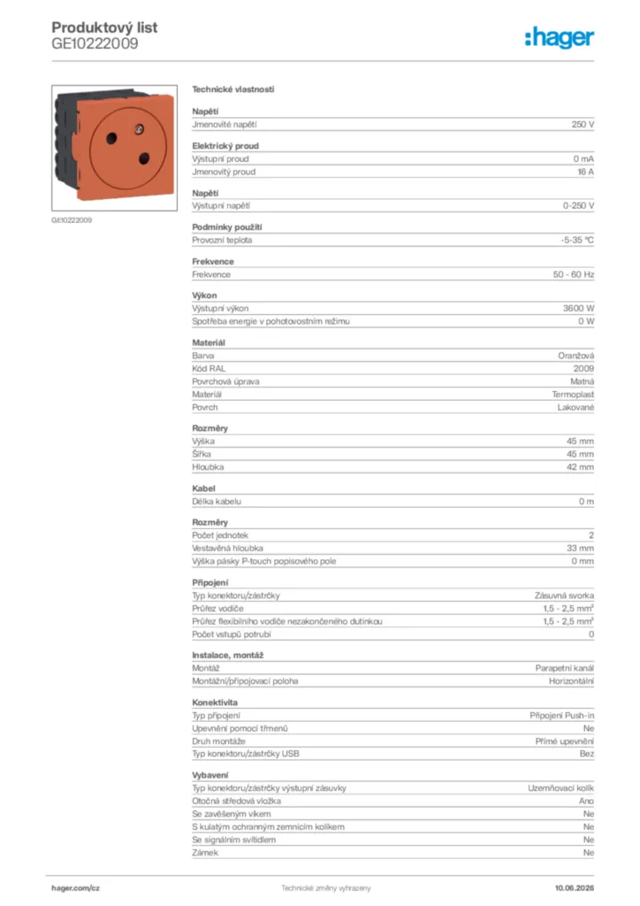 Obrázek Hager Generováno - Datový list produktu GE10222009 | Hager