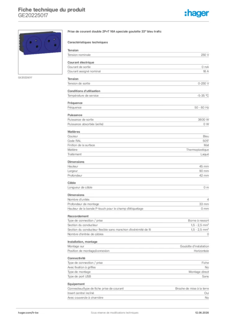 Image Hager Fiche technique du produit GE20225017 | Hager Belgique
