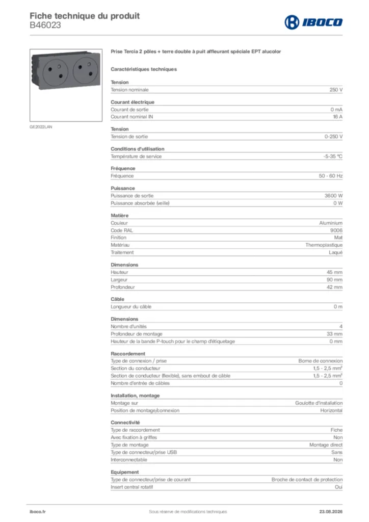 Image Iboco Fiche technique du produit B46023 | Hager France