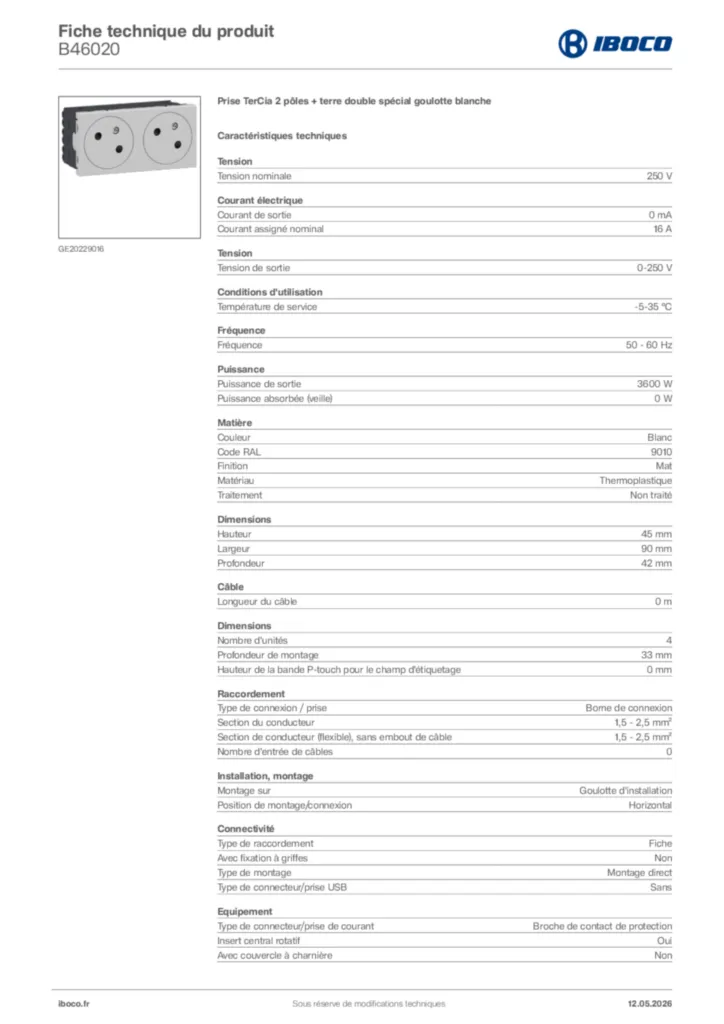Image Iboco Fiche technique du produit B46020 | Hager France