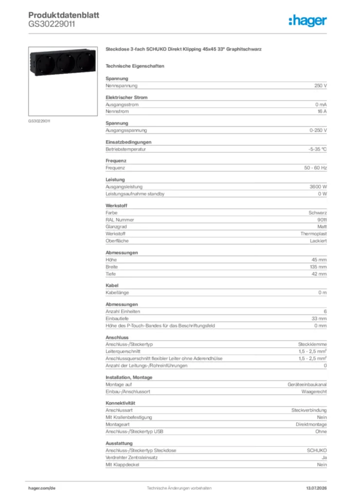 Bild Hager Produktdatenblatt GS30229011 | Hager Deutschland