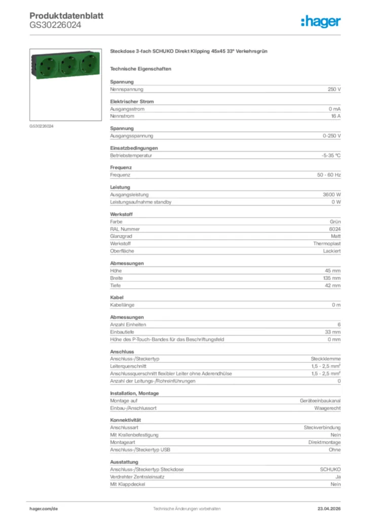 Bild Hager Produktdatenblatt GS30226024 | Hager Deutschland