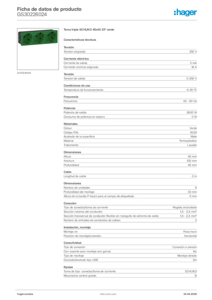 Imagen Hager Ficha de datos de producto GS30226024 | Hager España