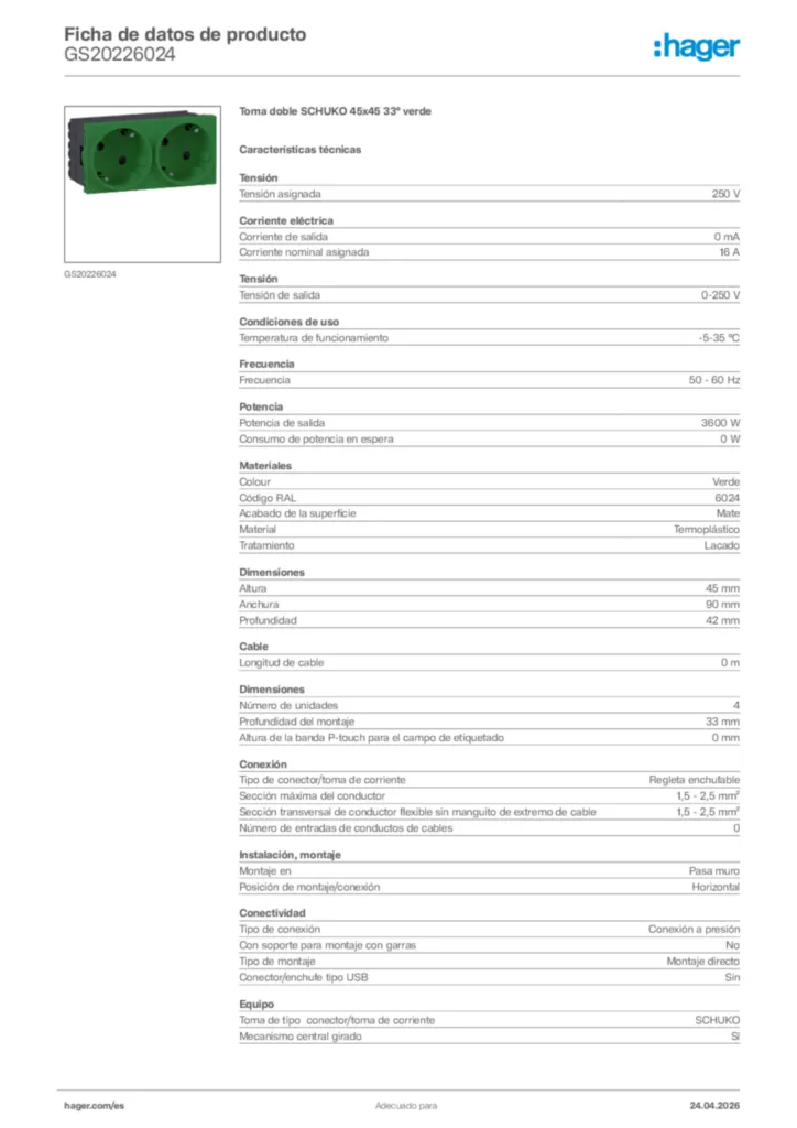 Imagen Hager Ficha de datos de producto GS20226024 | Hager España