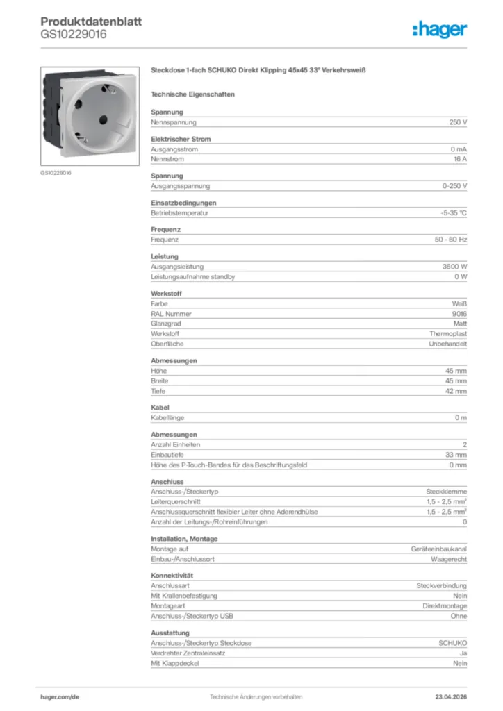 Bild Hager Produktdatenblatt GS10229016 | Hager Deutschland