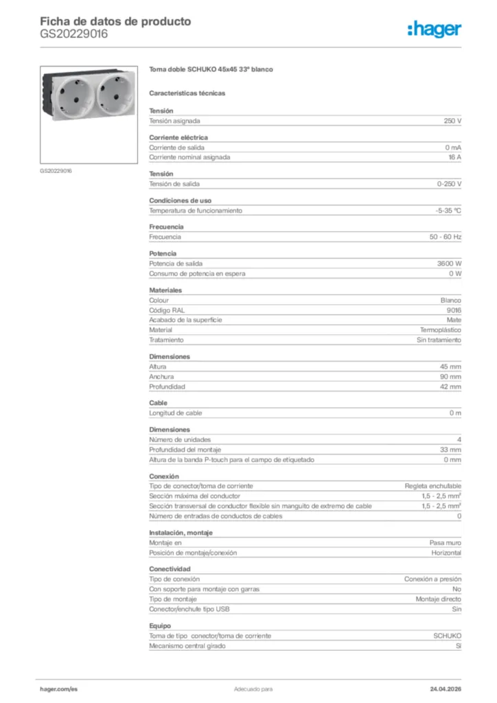 Imagen Hager Ficha de datos de producto GS20229016 | Hager España