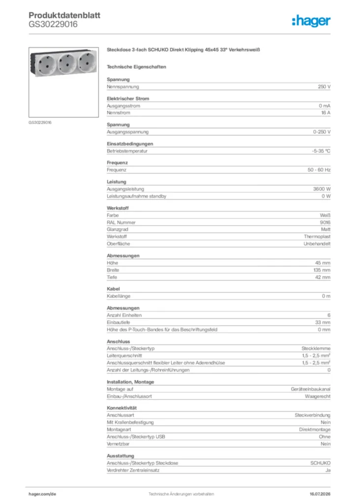 Bild Hager Produktdatenblatt GS30229016 | Hager Deutschland