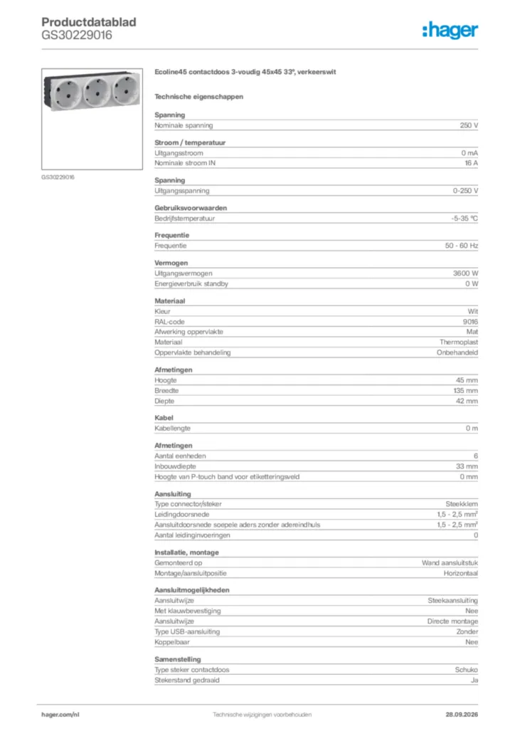 Afbeelding Hager Productdatablad GS30229016 | Hager Nederland