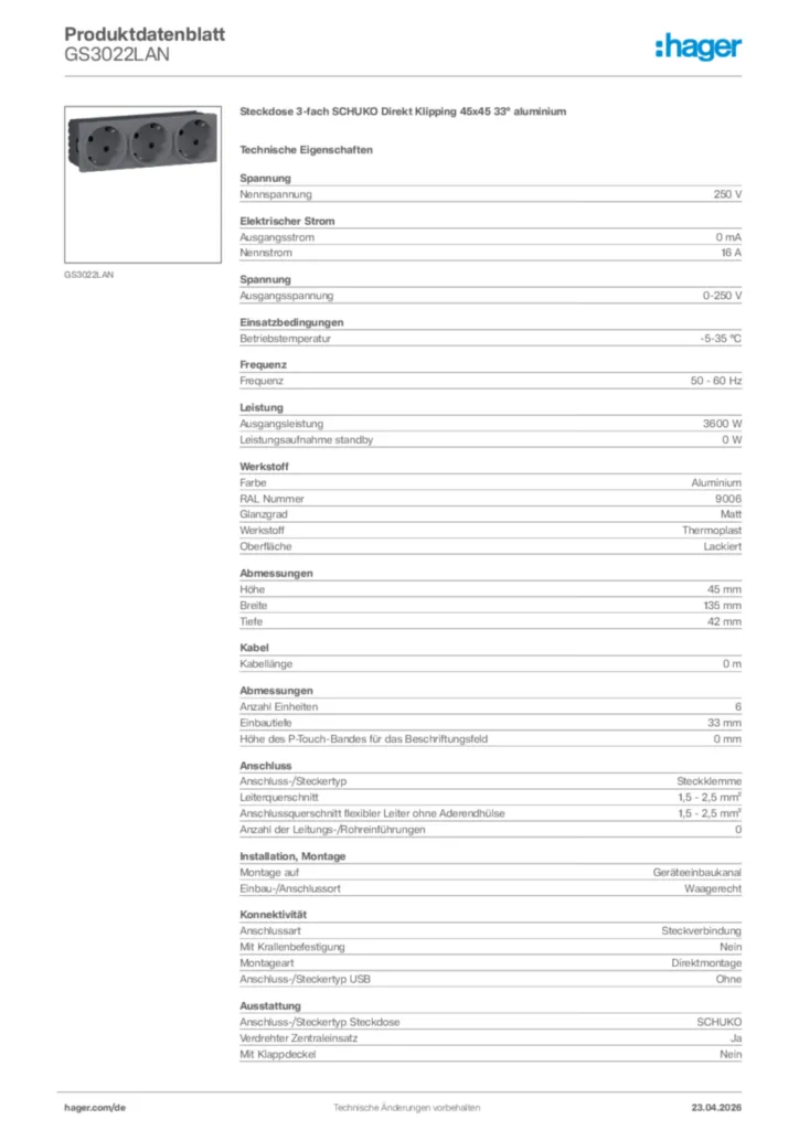 Bild Hager Produktdatenblatt GS3022LAN | Hager Deutschland