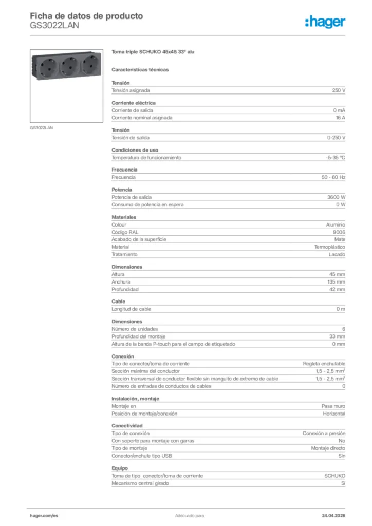 Imagen Hager Ficha de datos de producto GS3022LAN | Hager España