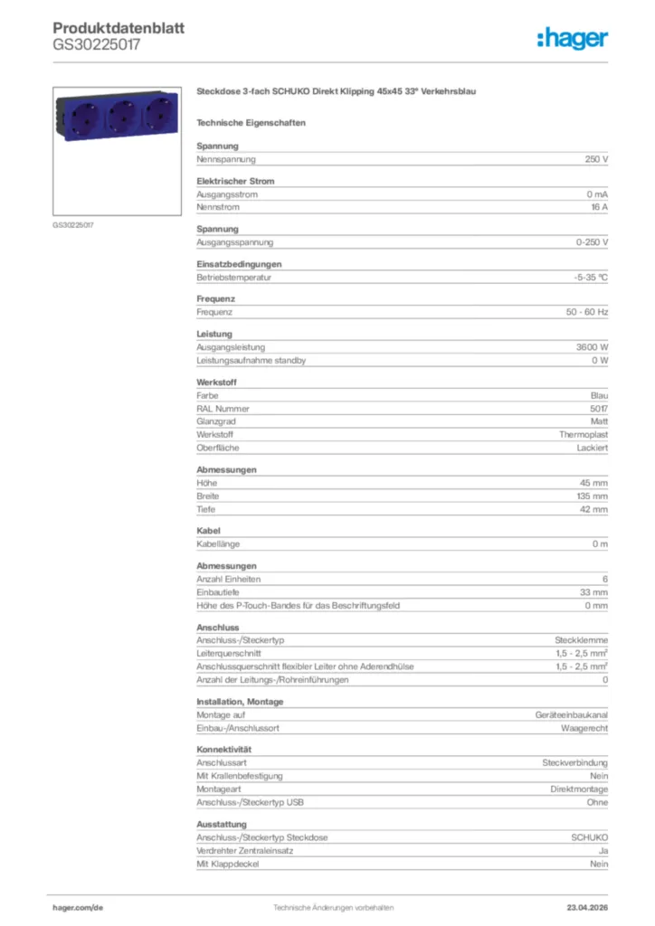Bild Hager Produktdatenblatt GS30225017 | Hager Deutschland
