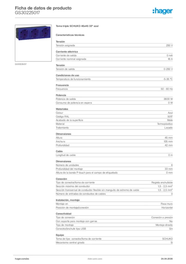 Imagen Hager Ficha de datos de producto GS30225017 | Hager España