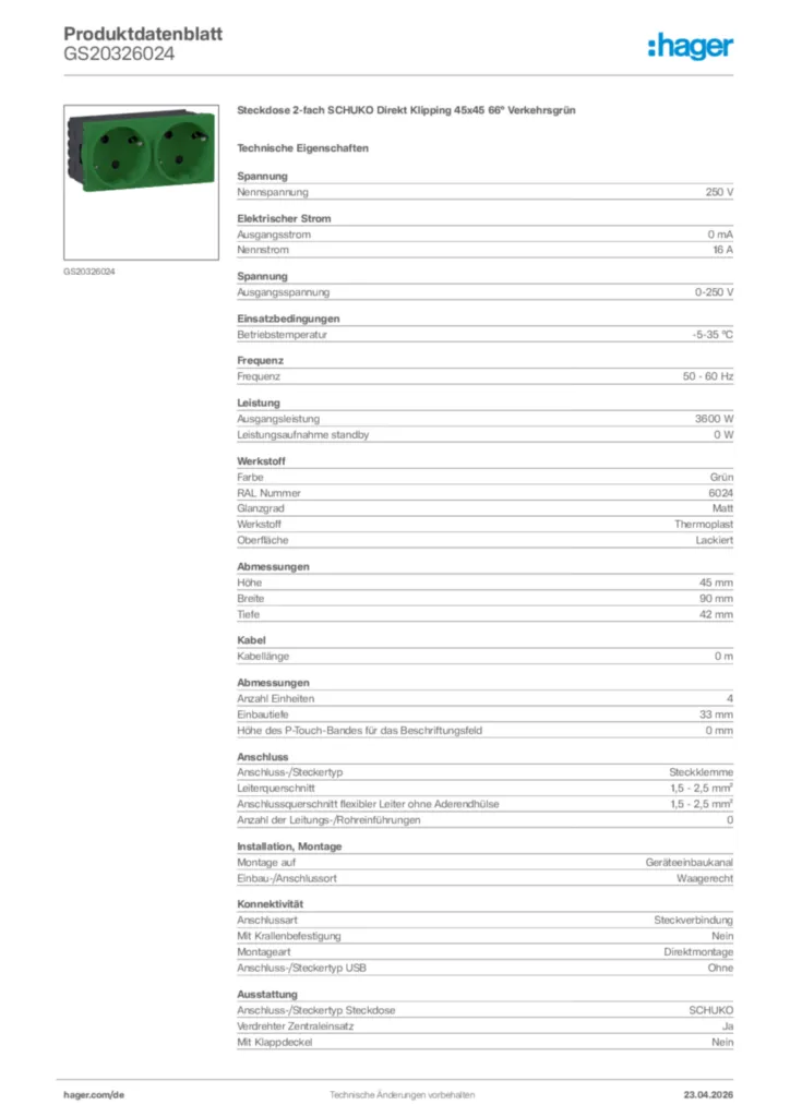 Bild Hager Produktdatenblatt GS20326024 | Hager Deutschland