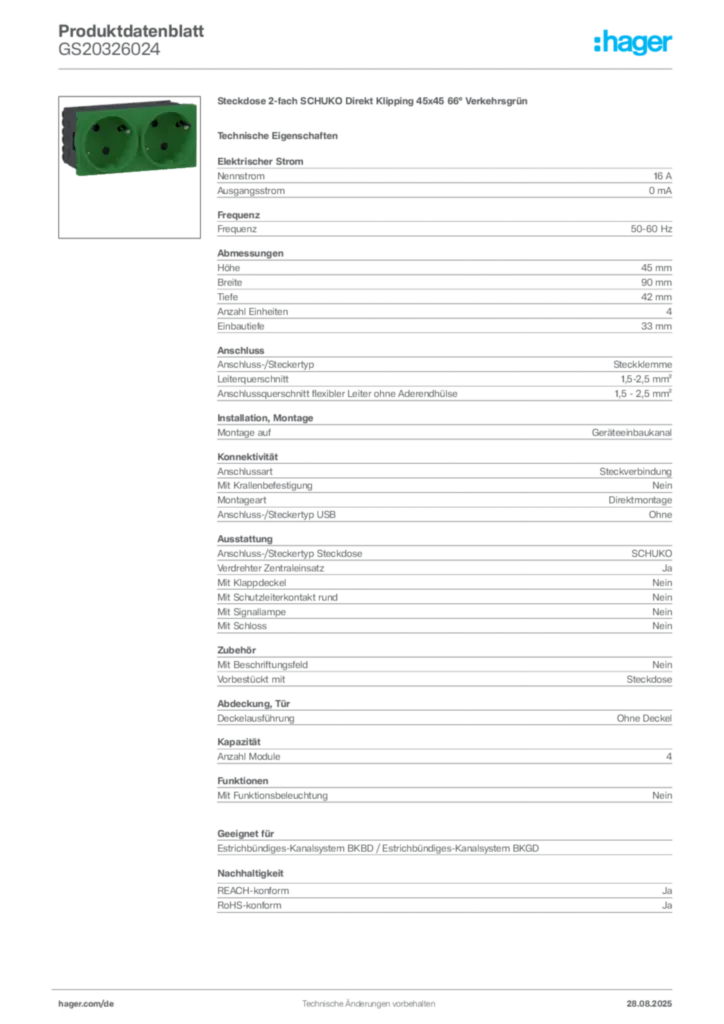 Hager Produktdatenblatt GS20326024