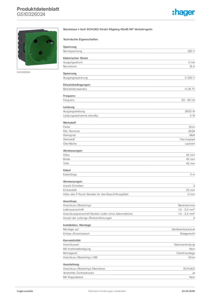 Bild Hager Produktdatenblatt GS10326024 | Hager Deutschland