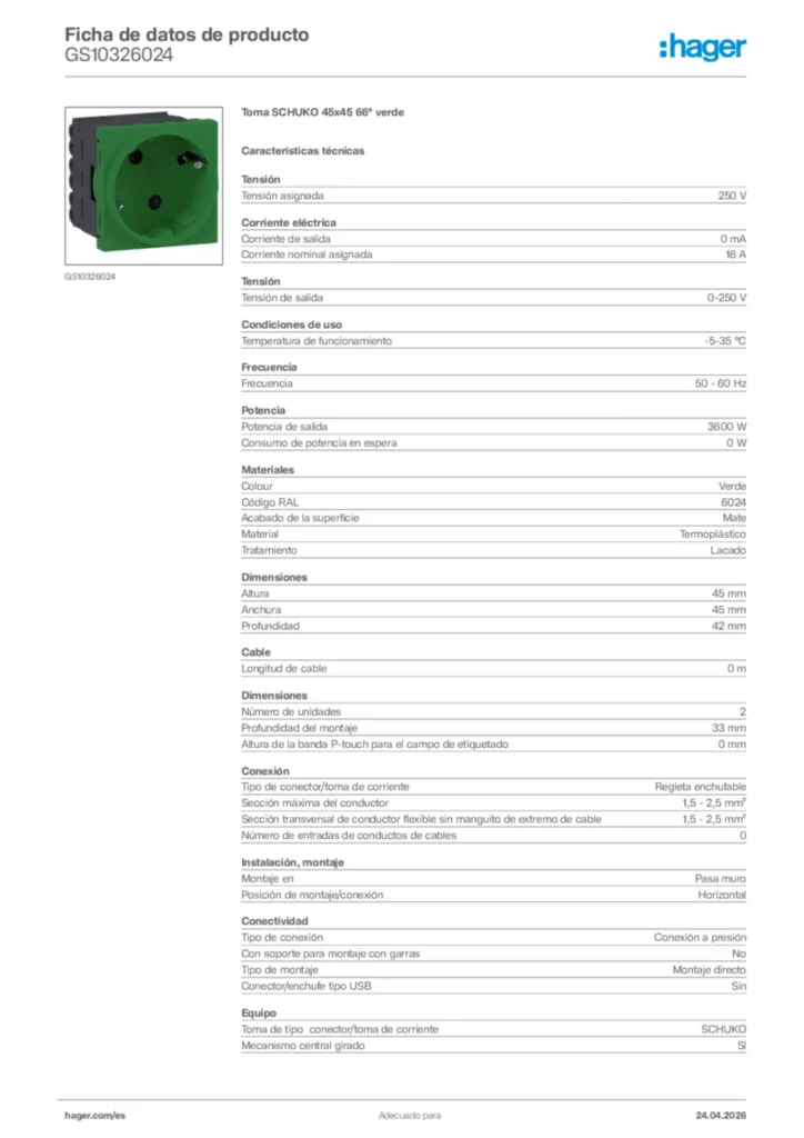 Imagen Hager Ficha de datos de producto GS10326024 | Hager España