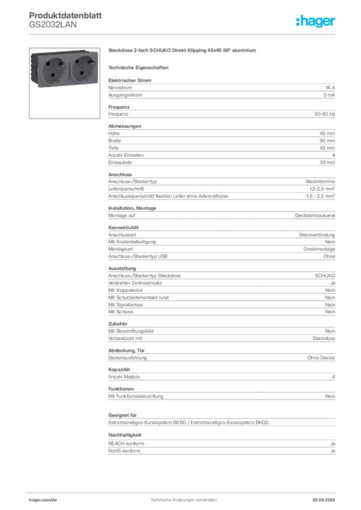 Hager Produktdatenblatt GS2032LAN