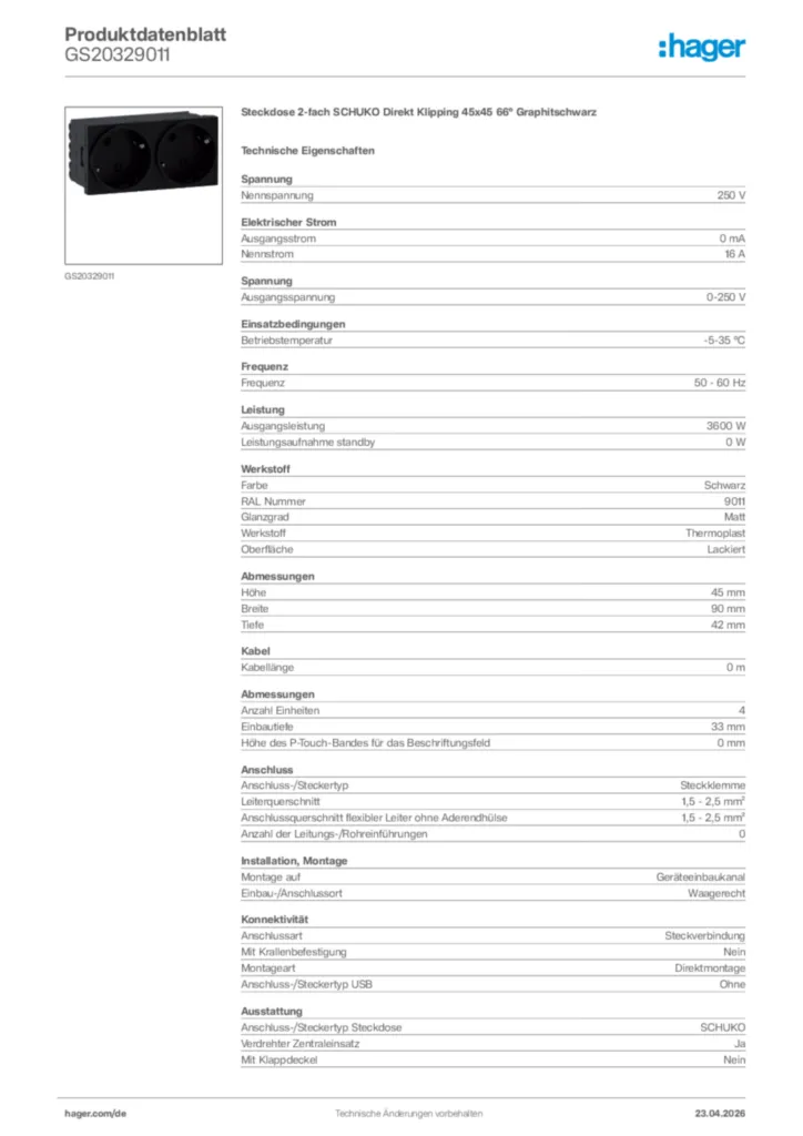 Bild Hager Produktdatenblatt GS20329011 | Hager Deutschland