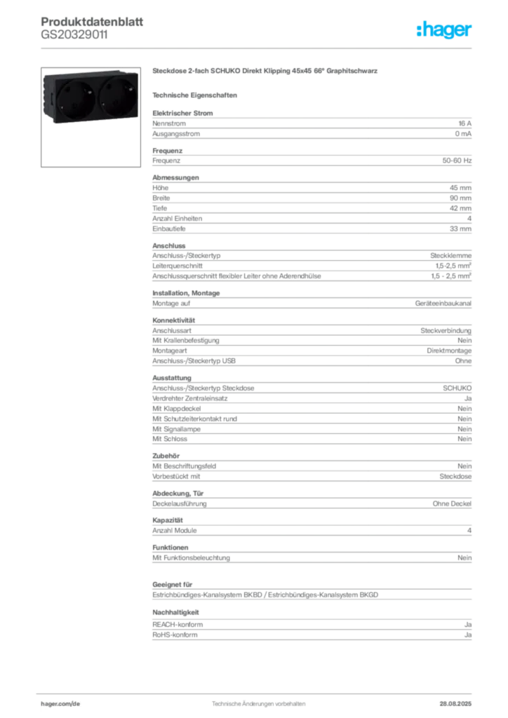 Hager Produktdatenblatt GS20329011