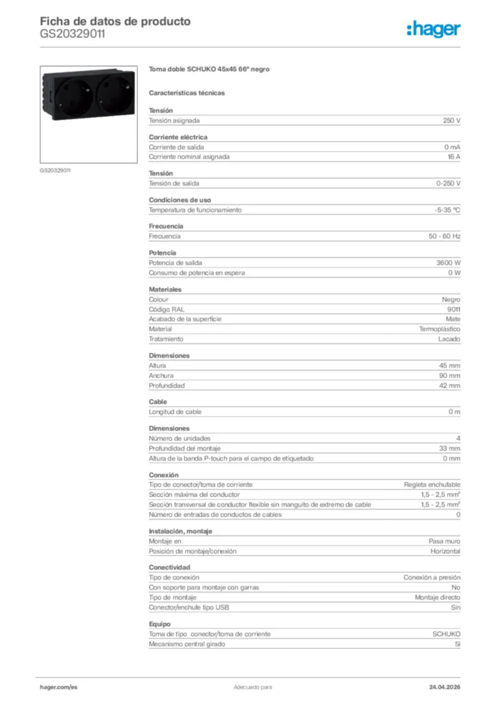 Imagen Hager Ficha de datos de producto GS20329011 | Hager España