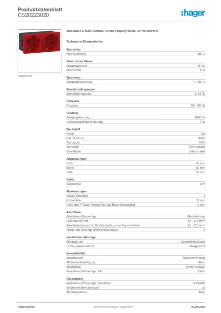 Bild Hager Produktdatenblatt GS20223020 | Hager Deutschland
