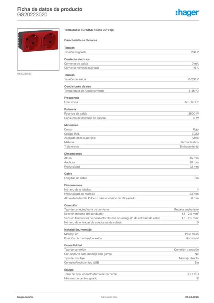 Imagen Hager Ficha de datos de producto GS20223020 | Hager España