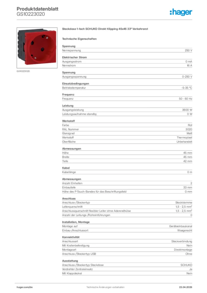 Bild Hager Produktdatenblatt GS10223020 | Hager Deutschland