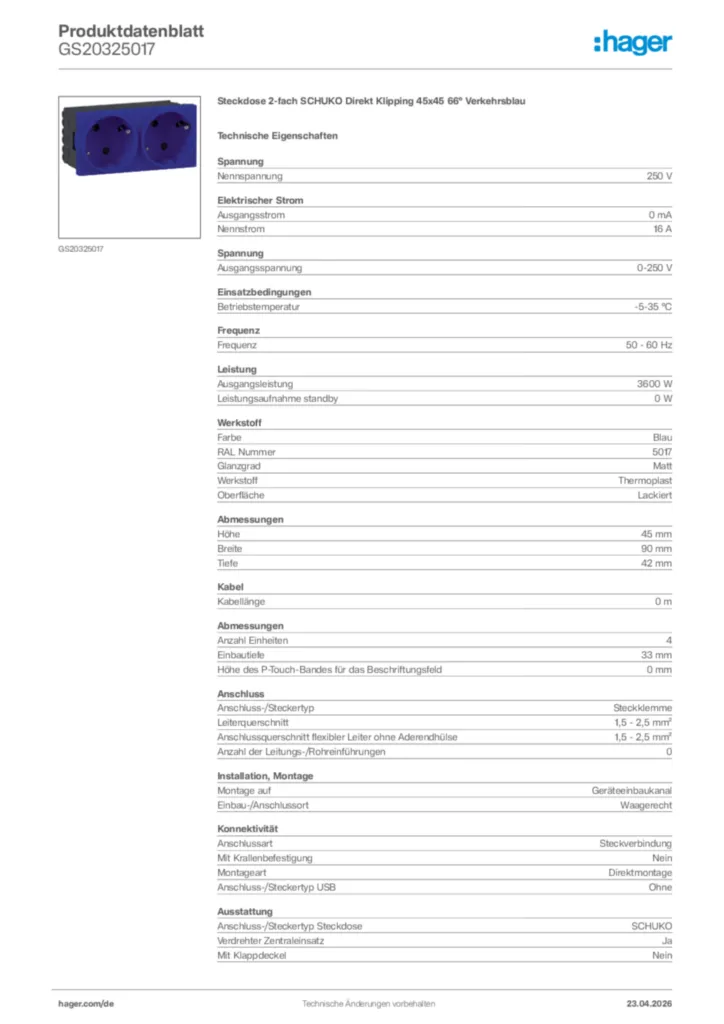 Bild Hager Produktdatenblatt GS20325017 | Hager Deutschland