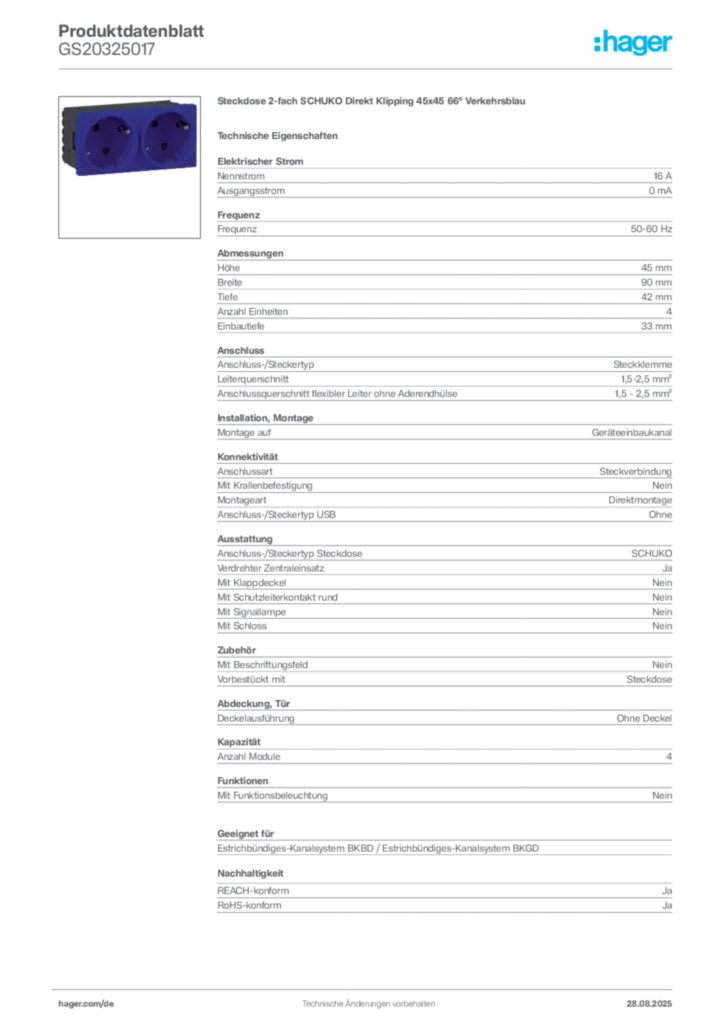 Hager Produktdatenblatt GS20325017