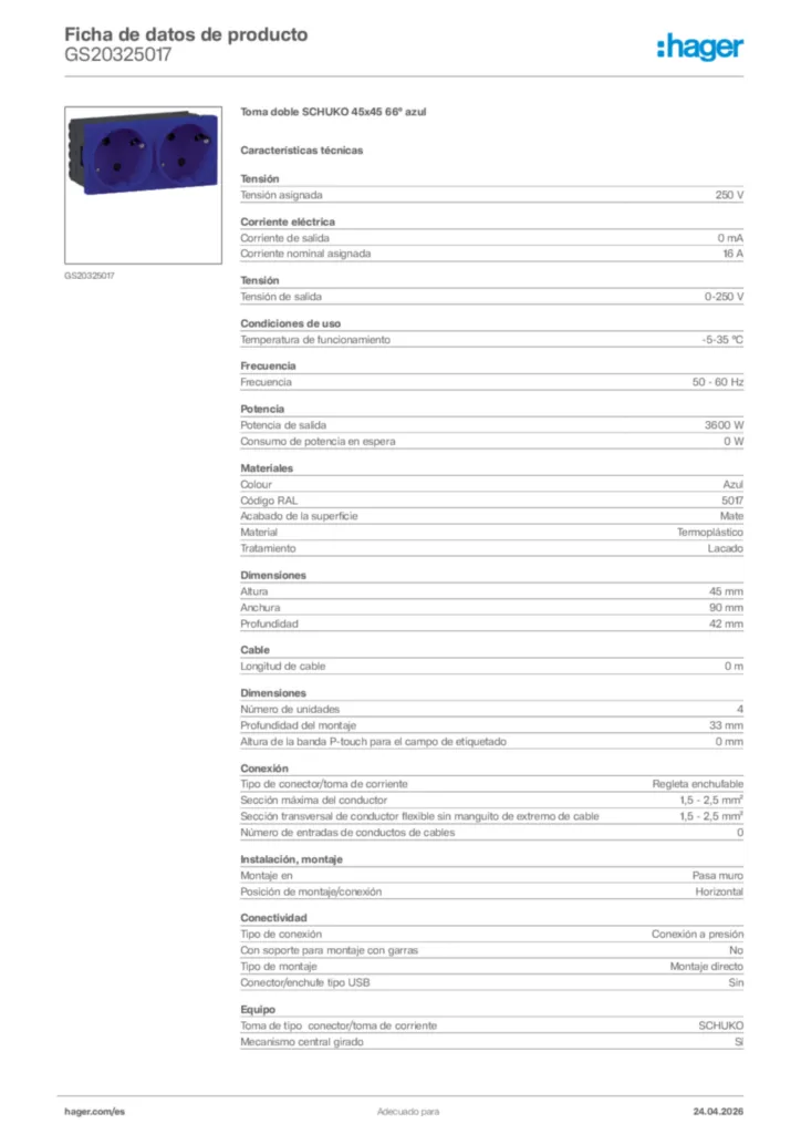 Imagen Hager Ficha de datos de producto GS20325017 | Hager España