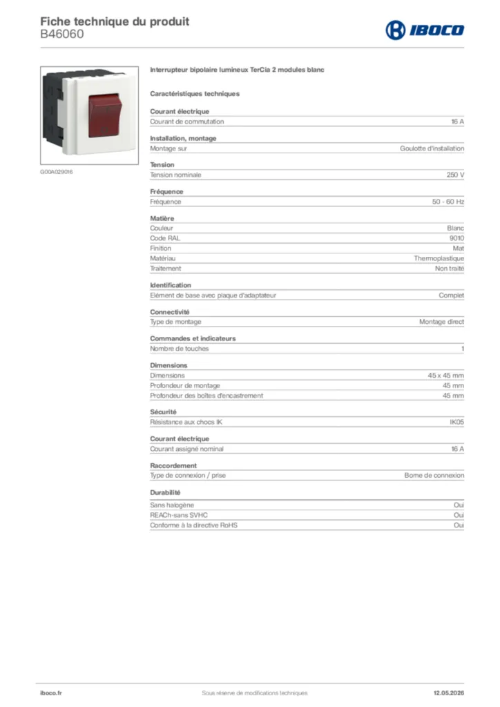 Image Iboco Fiche technique du produit B46060 | Hager France