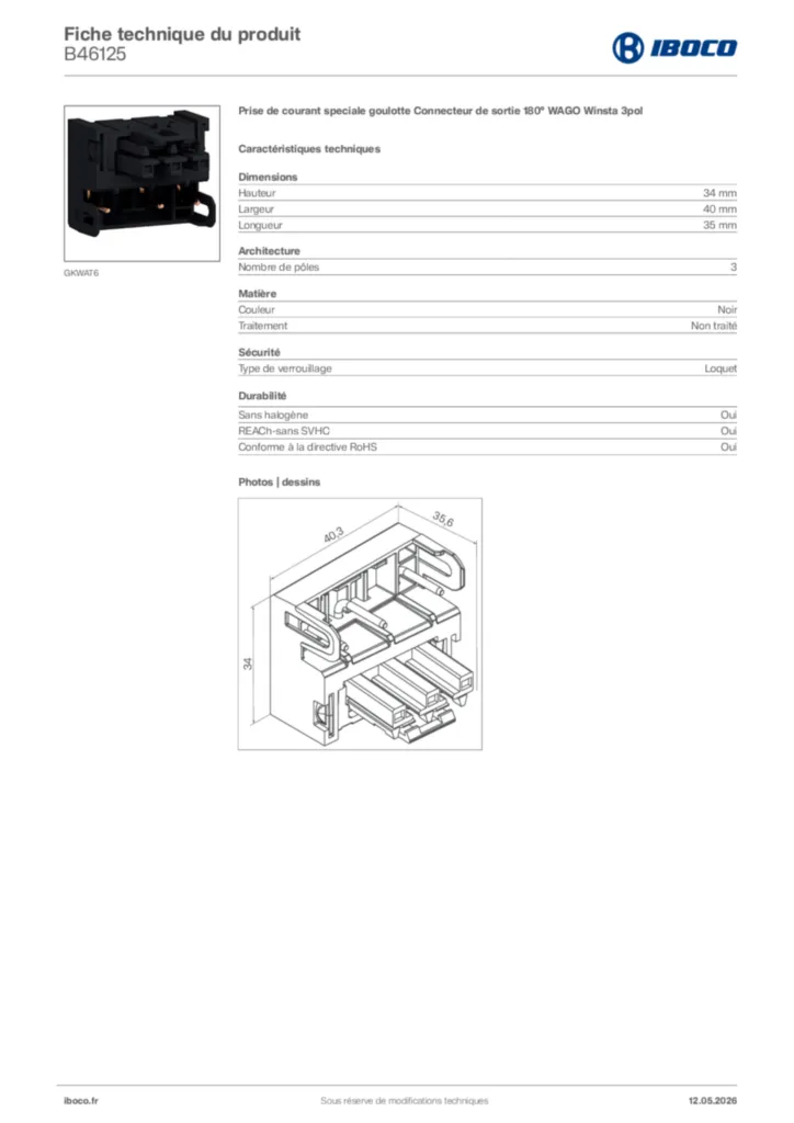 Image Iboco Fiche technique du produit B46125 | Hager France