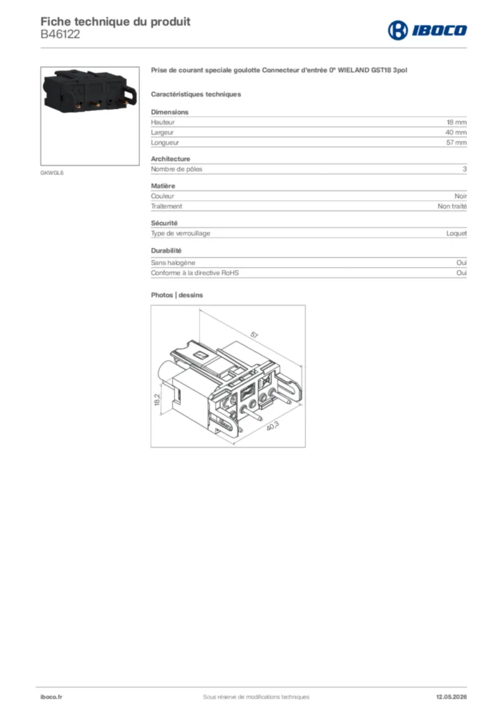 Image Iboco Fiche technique du produit B46122 | Hager France