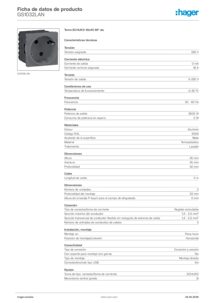 Imagen Hager Ficha de datos de producto GS1032LAN | Hager España