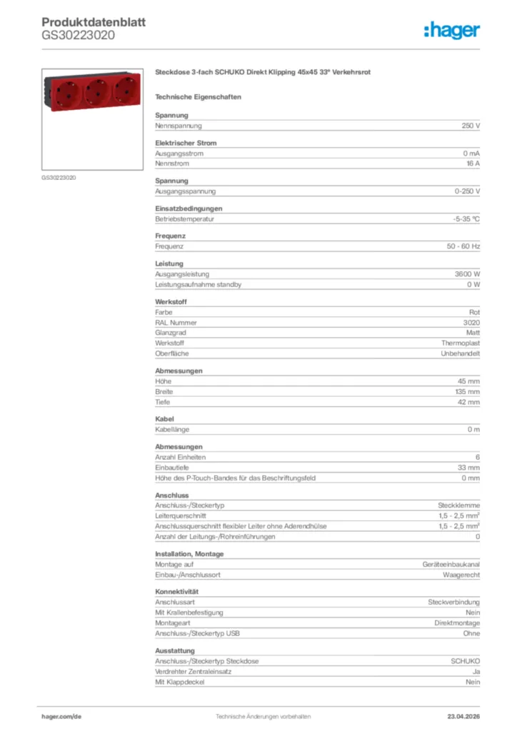 Bild Hager Produktdatenblatt GS30223020 | Hager Deutschland