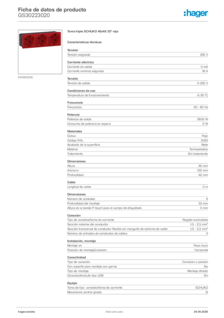 Imagen Hager Ficha de datos de producto GS30223020 | Hager España