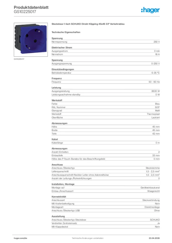 Bild Hager Produktdatenblatt GS10225017 | Hager Deutschland
