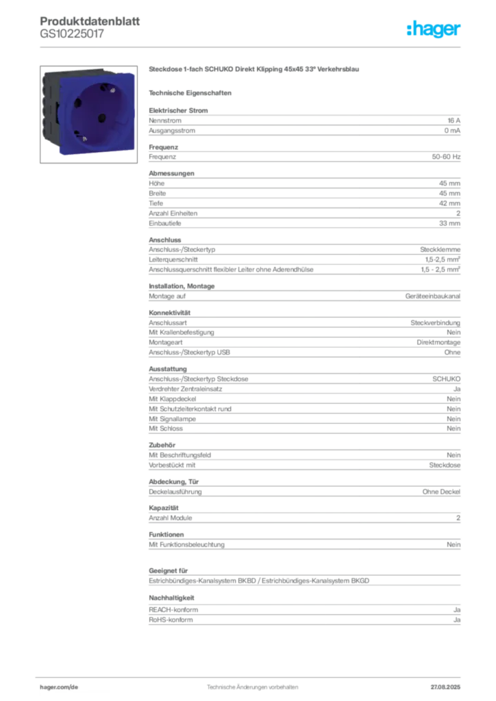 Hager Produktdatenblatt GS10225017