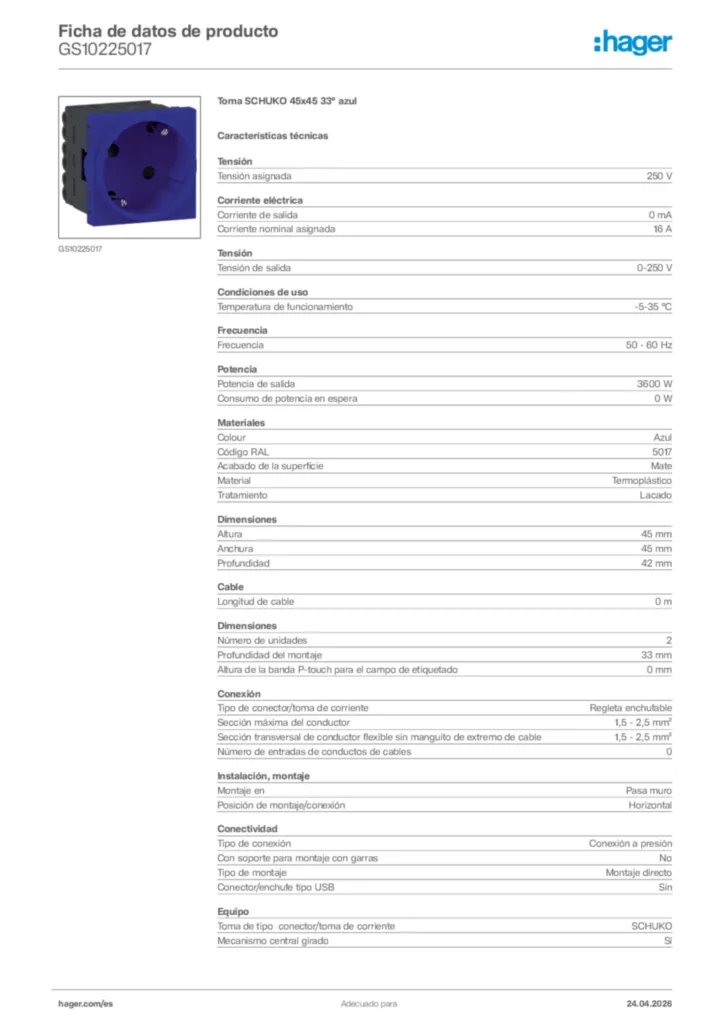 Imagen Hager Ficha de datos de producto GS10225017 | Hager España