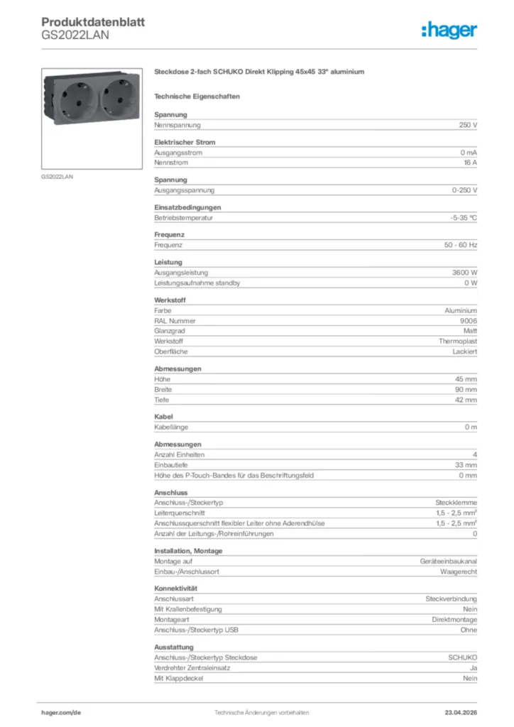 Bild Hager Produktdatenblatt GS2022LAN | Hager Deutschland